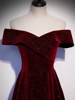 New Elegant A-line Off the Shoulder Burgundy Velvet Sequin Long Prom Dresses, Wine Red Long Formal Graduation Dresses GG064