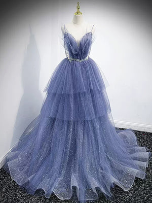 New Delicate A-line V Neck Blue Beaded Layered Tulle Long Prom Dresses, Blue High Low Formal Graduation Dresses GG065