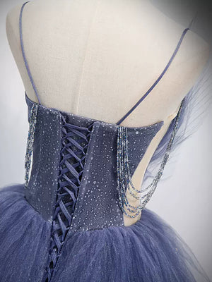 New Delicate A-line V Neck Blue Beaded Layered Tulle Long Prom Dresses, Blue High Low Formal Graduation Dresses GG065