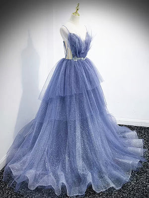 New Delicate A-line V Neck Blue Beaded Layered Tulle Long Prom Dresses, Blue High Low Formal Graduation Dresses GG065