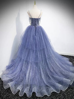New Delicate A-line V Neck Blue Beaded Layered Tulle Long Prom Dresses, Blue High Low Formal Graduation Dresses GG065