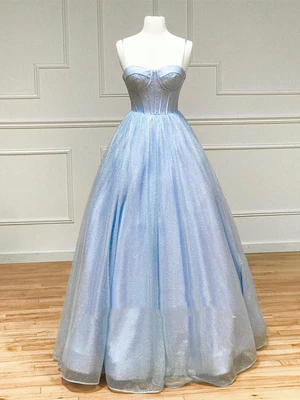 New Shiny  A Line Spaghetti Straps Sequin Light Blue Long Prom Dresses, Shiny Blue Formal Evening Dresses GG068