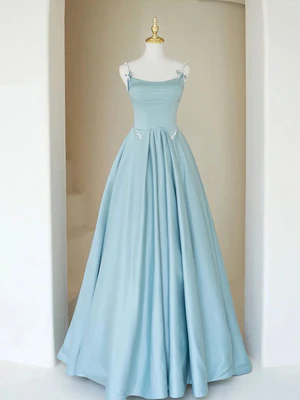 New Elegant A Line Spaghetti Straps Light Blue Beaded Long  Prom Dresses, Long Blue Beaded Formal Evening Dresses  GG069