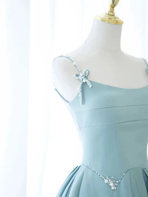New Elegant A Line Spaghetti Straps Light Blue Beaded Long  Prom Dresses, Long Blue Beaded Formal Evening Dresses  GG069