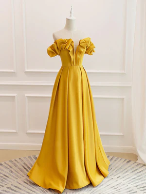 New Elegant A Line Off the Shoulder Yellow Fold Long Prom Dresses, Yellow Long Satin Formal Evening Dresses GG070