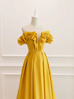 New Elegant A Line Off the Shoulder Yellow Fold Long Prom Dresses, Yellow Long Satin Formal Evening Dresses GG070