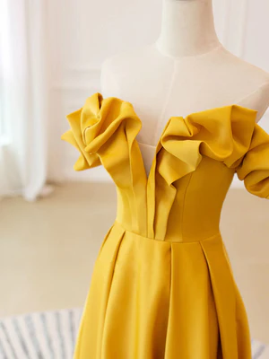 New Elegant A Line Off the Shoulder Yellow Fold Long Prom Dresses, Yellow Long Satin Formal Evening Dresses GG070