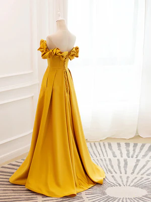 New Elegant A Line Off the Shoulder Yellow Fold Long Prom Dresses, Yellow Long Satin Formal Evening Dresses GG070
