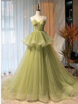 New Elegant A Line Sweetheart Neck Green  Flouncing Tulle Long Prom Dresses, Green Tulle Long Formal Graduation Dresses GG071