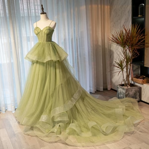 New Elegant A Line Sweetheart Neck Green  Flouncing Tulle Long Prom Dresses, Green Tulle Long Formal Graduation Dresses GG071