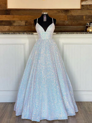 New Sparkly A Line Spaghetti Straps V Neck Backless Prom Dresses, Open Back Shiny Formal Graduation Dresses GG072