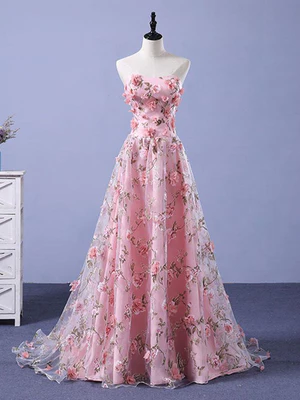 New Delicate A Line Strapless Pink 3D Flower Long Prom Dresses, 3D Floral Pink Long Formal Evening Dresses GG074