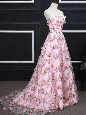 New Delicate A Line Strapless Pink 3D Flower Long Prom Dresses, 3D Floral Pink Long Formal Evening Dresses GG074