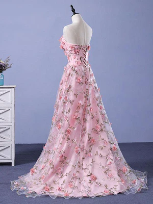 New Delicate A Line Strapless Pink 3D Flower Long Prom Dresses, 3D Floral Pink Long Formal Evening Dresses GG074