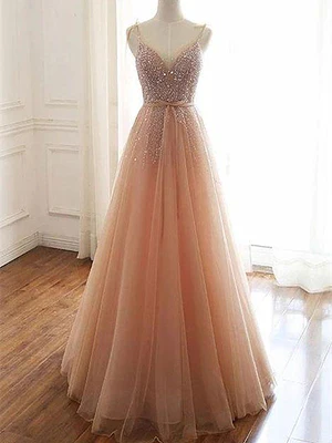 New Elegant A Line V Neck Champagne Pink Tulle Crystal Long Beaded Prom Dresses, Long Formal Evening Dresses GG078