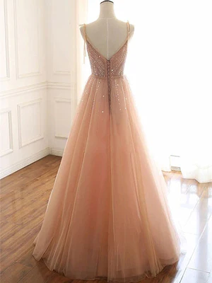 New Elegant A Line V Neck Champagne Pink Tulle Crystal Long Beaded Prom Dresses, Long Formal Evening Dresses GG078