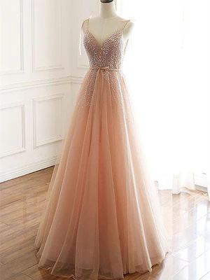 New Elegant A Line V Neck Champagne Pink Tulle Crystal Long Beaded Prom Dresses, Long Formal Evening Dresses GG078