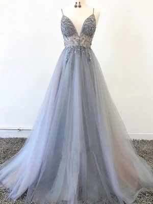New Elegant A Line  Silver Grey V Neck Floor Length Long Beaded Prom Dresses, Formal Evening Dresses GG079