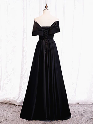 New Elegant A Line Off the Shoulder Fold Black Stain Long Prom Dresses with Corset Back, Formal Evening Dresses GG080