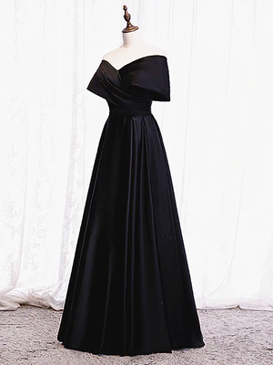 New Elegant A Line Off the Shoulder Fold Black Stain Long Prom Dresses with Corset Back, Formal Evening Dresses GG080