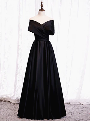 New Elegant A Line Off the Shoulder Fold Black Stain Long Prom Dresses with Corset Back, Formal Evening Dresses GG080