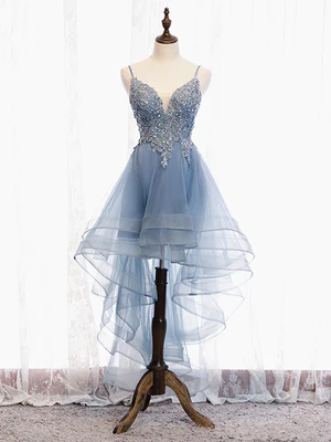 New Delicate  A Line V Neck High Low Applique  Blue Lace Prom Dresses, Formal Evening Graduation Dresses GG081