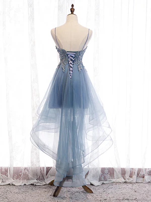 New Delicate  A Line V Neck High Low Applique  Blue Lace Prom Dresses, Formal Evening Graduation Dresses GG081