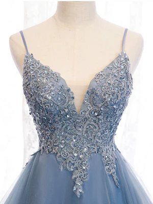 New Delicate  A Line V Neck High Low Applique  Blue Lace Prom Dresses, Formal Evening Graduation Dresses GG081