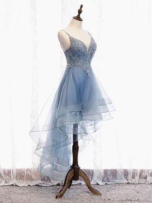 New Delicate  A Line V Neck High Low Applique  Blue Lace Prom Dresses, Formal Evening Graduation Dresses GG081