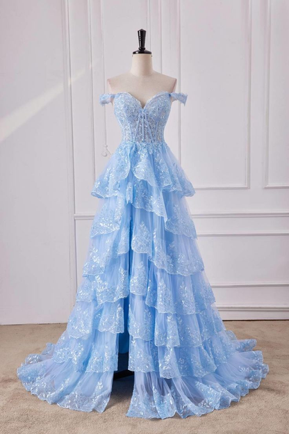 New Shiny  A Line Off The Shoulder Lace Layered Sequin Ruffles  Long Prom Dresses ,Long  Formal Evening Dresses GG084