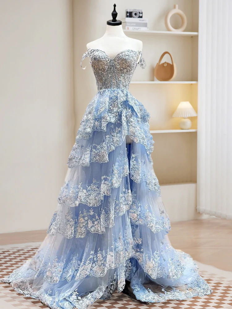 Delicate A Line Sweetheart Neck  Blue Sequin Tiered Ball Gown Long Prom Dresses, Sequin Long Formal Dresses  GG085