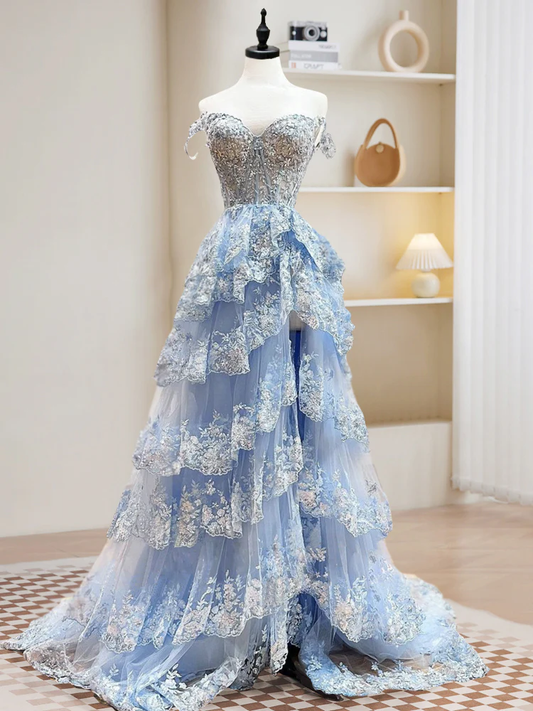 Delicate A Line Sweetheart Neck  Blue Sequin Tiered Ball Gown Long Prom Dresses, Sequin Long Formal Dresses  GG085