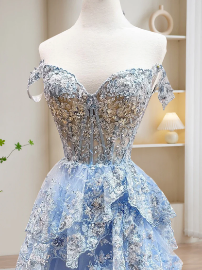 Delicate A Line Sweetheart Neck  Blue Sequin Tiered Ball Gown Long Prom Dresses, Sequin Long Formal Dresses  GG085