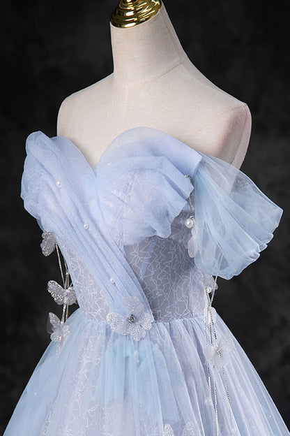 Delicate A Line Off The Shoulder  Blue Pearl  Long Prom Dresses, Off The Shoulder Long Formal Evening Dresses  GG086