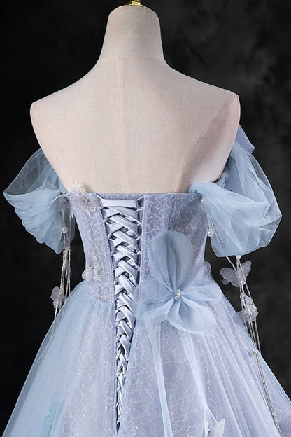 Delicate A Line Off The Shoulder  Blue Pearl  Long Prom Dresses, Off The Shoulder Long Formal Evening Dresses  GG086