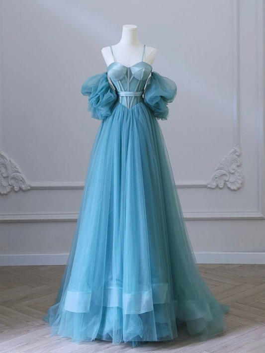 New Elagant  A Line Off The Shoulder  Blue Tulle Long Prom Dresses, Long Formal Evening Dresses  GG087