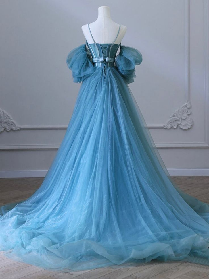 New Elagant  A Line Off The Shoulder  Blue Tulle Long Prom Dresses, Long Formal Evening Dresses  GG087
