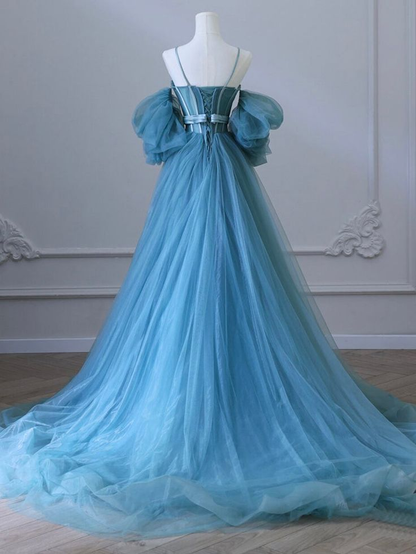 New Elagant  A Line Off The Shoulder  Blue Tulle Long Prom Dresses, Long Formal Evening Dresses  GG087