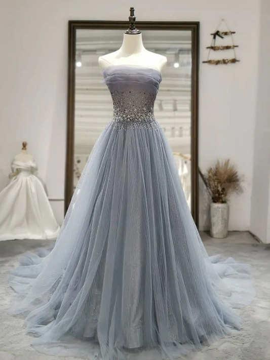 New Elagant  A Line  Strapless Gray Tulle Crystals  Long Prom Dresses, Long Formal Evening Dresses GG088