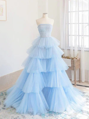 New Elegant A Line Strapless Blue Tulle Layered Cake Skirt Long Prom Dresses, Blue Tulle Formal Graduation Dresses GG090