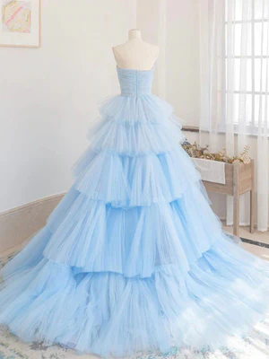 New Elegant A Line Strapless Blue Tulle Layered Cake Skirt Long Prom Dresses, Blue Tulle Formal Graduation Dresses GG090