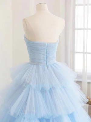 New Elegant A Line Strapless Blue Tulle Layered Cake Skirt Long Prom Dresses, Blue Tulle Formal Graduation Dresses GG090