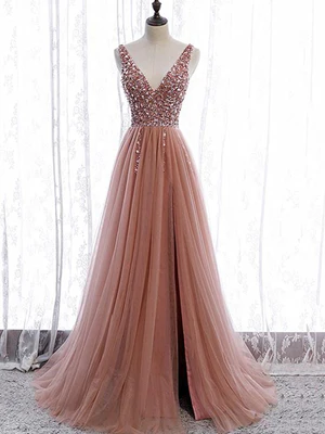 New Elegant A Line V Neck Dark Pink Beaded Long Prom Dresses, Long Formal Graduation Dresses GG093