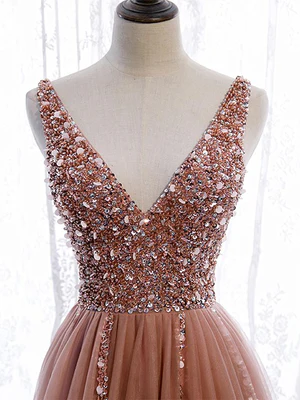 New Elegant A Line V Neck Dark Pink Beaded Long Prom Dresses, Long Formal Graduation Dresses GG093