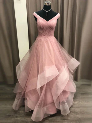 New Shiny A Line Off the Shoulder Pink Tulle Long Prom Gown, Long Formal Graduation Dresses GG094