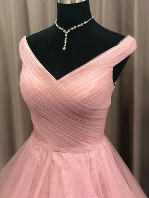 New Shiny A Line Off the Shoulder Pink Tulle Long Prom Gown, Long Formal Graduation Dresses GG094