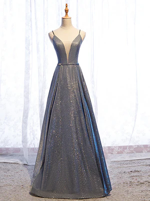New Shiny A Line V Neck Silver Gray Long Prom Dresses, Gray Long Formal Evening Dresses GG096