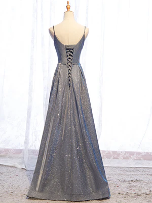 New Shiny A Line V Neck Silver Gray Long Prom Dresses, Gray Long Formal Evening Dresses GG096