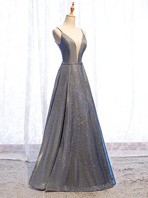 New Shiny A Line V Neck Silver Gray Long Prom Dresses, Gray Long Formal Evening Dresses GG096
