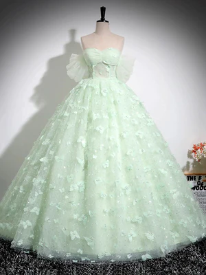 New  Gorgeous A Line Off The Shoulder Mint Green Long Prom Dresses with Butterfly, Formal Evening Dresses, Mint Green Ball Gown GG097